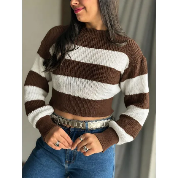 Cropped Tricot Listrado KARINE com Manga Bufante Cropped tricot listrado feminino KARINE com manga bufante
