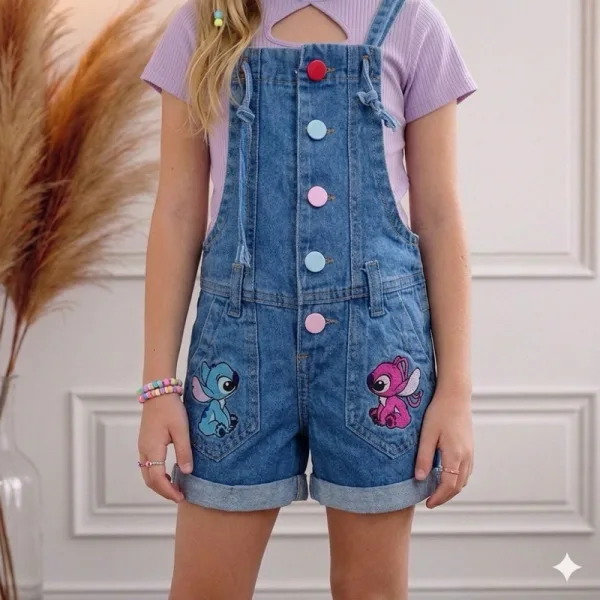 Jardineira jeans infantil do Stitch para meninas Jardineira jeans infantil e juvenil do Stitch para meninas