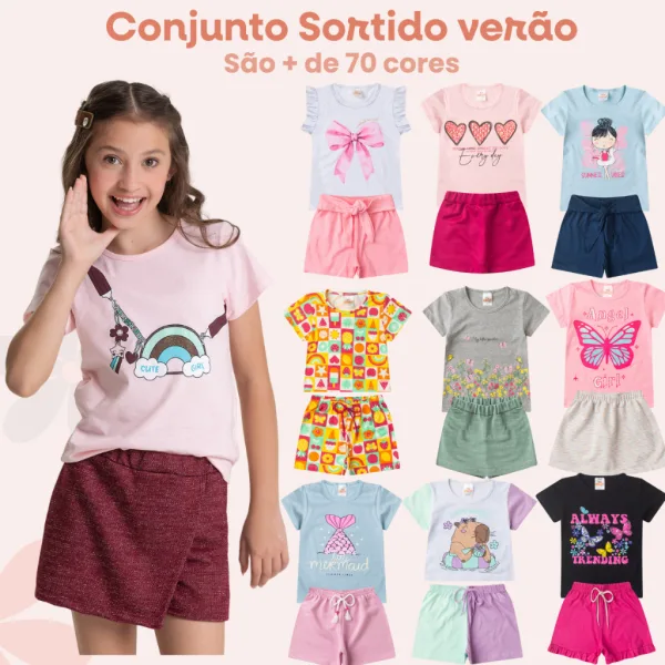 Kit Infantil com 10 Peças: Blusa e Short para Menina Kit infantil com blusas e shorts estampados para menina