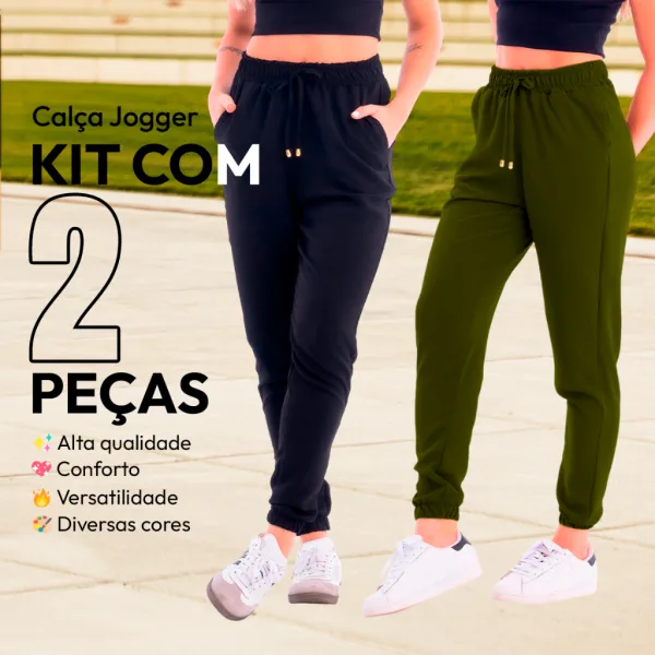 Kit com 2 Calças Jogger Femininas com Bolso e Cordão Kit com duas calças jogger femininas com bolso e cordão