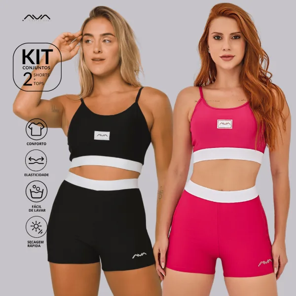 Kit 2 Conjuntos Fitness Femininos para Academia Kit com dois conjuntos femininos de academia com top e short