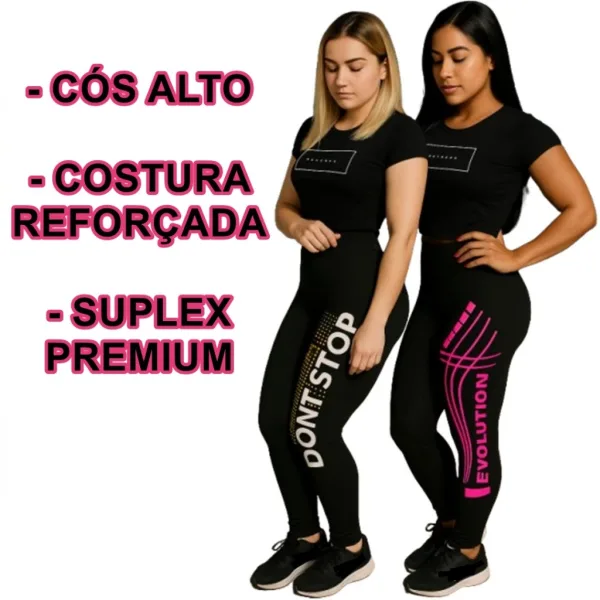 Kit com 2 Leggings Estampadas e Detalhe Lateral Kit com 2 leggings estampadas com detalhe lateral na perna