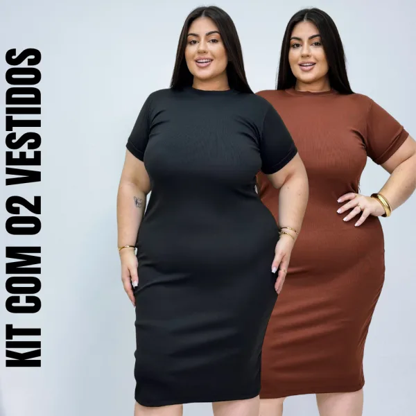 Kit com 2 Vestidos Midi Plus Size Canelados Kit com dois vestidos midi plus size canelados em cores neutras
