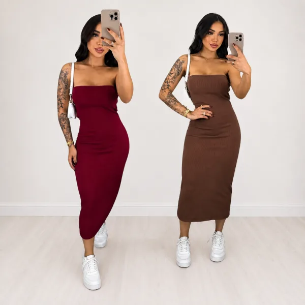Kit 2 Vestidos Midi Tomara Que Caia Canelados Kit com 2 vestidos femininos midi tomara que caia canelados