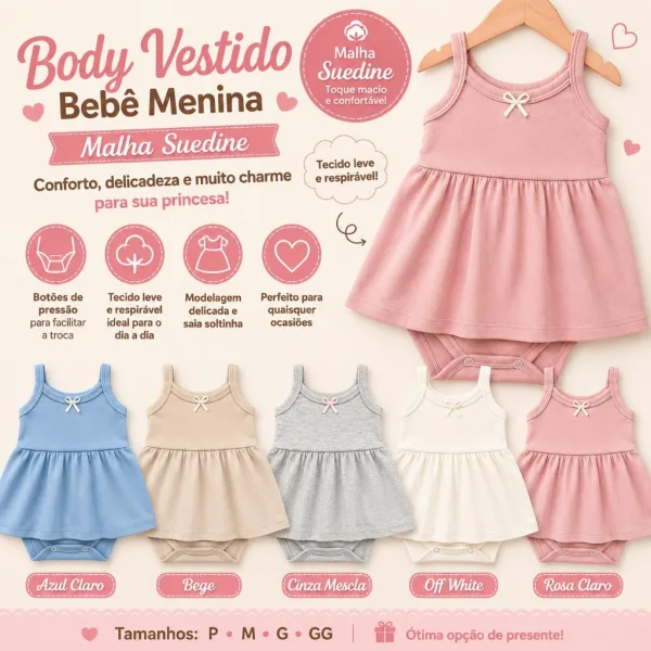 Kit com 3 Body Saia para Bebê Menina com Gola Envelope Kit com três body saia para bebê menina com gola envelope