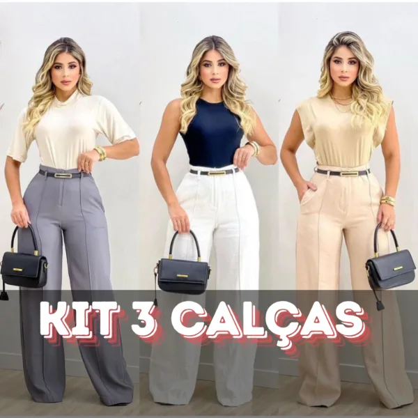 Kit com 3 Calças Pantalona de Cintura Alta Kit com três calças pantalona de cintura alta com bolsos e cinto