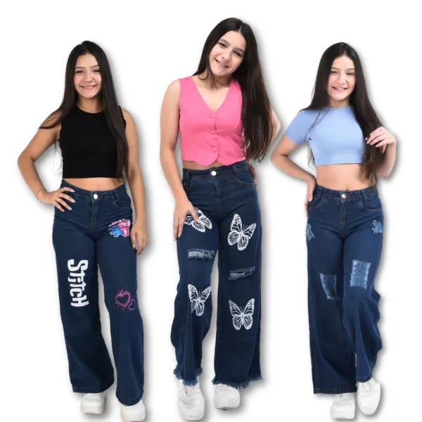 Kit com 3 Calças Wide Jeans Escuras Infantil Kit com 3 calças jeans wide pantalona infantil