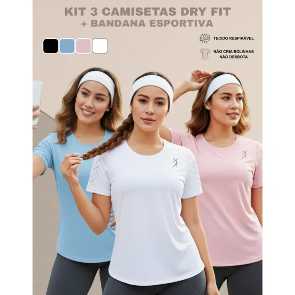 Kit 3 Camisetas Dry Fit Femininas para Academia e Corrida Kit com 3 camisetas femininas Dry Fit para academia, corrida e treino