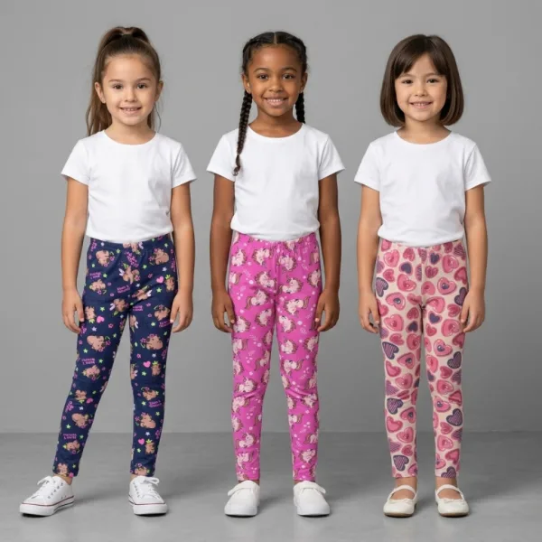 Kit 3 Leggings Infantis Estampadas em Malha Cotton Kit com 3 calças legging infantis estampadas em diversas cores
