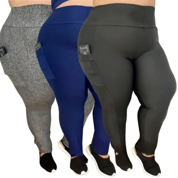 Kit com 3 Leggings Plus Size com Bolso | Shopee Kit com 3 calças leggings femininas plus size com bolso