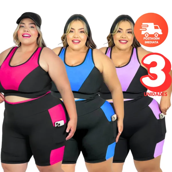 Kit fitness plus size com top e short com bolso Kit com três conjuntos fitness plus size femininos de top e short com bolso