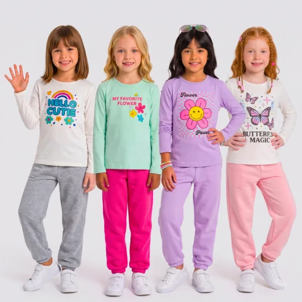 Kit infantil feminino de inverno com moletom forrado Kit feminino infantil de inverno com camisetas e calças de moletom