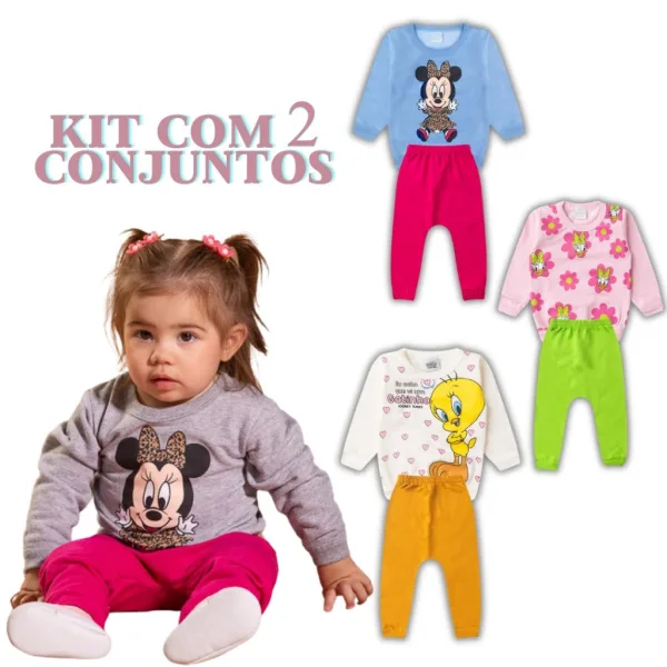 Kit Moletom Infantil Minnie com 4 Peças para Menina Kit moletom infantil feminino com 4 peças e personagens Minnie
