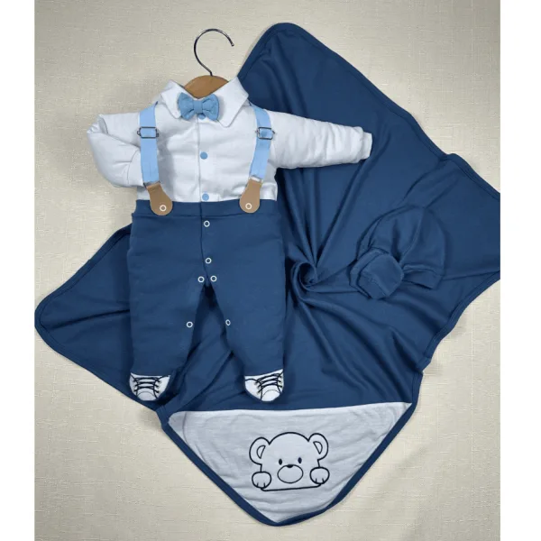 Kit social de saída maternidade com suspensório azul Kit social de saída maternidade com suspensório azul-petróleo
