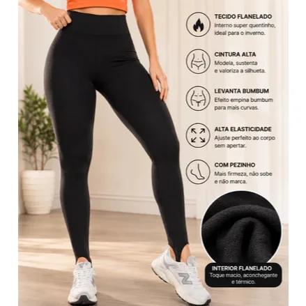 Legging preta peluciada térmica para treino e inverno Calça legging preta peluciada térmica com pezinho