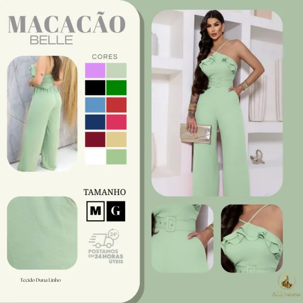 Macacão feminino com cinto e babados para o verão Macacão feminino com cinto ajustável, babados e elástico nas costas