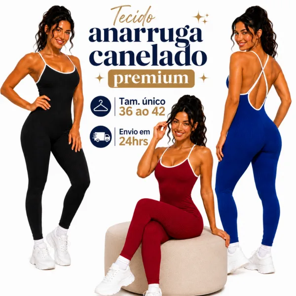 Macacão feminino longo para academia com costa nua Kit com 2 macacões femininos longos canelados com costa nua