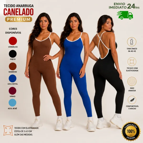 Macacão feminino longo canelado para academia Macacão feminino longo canelado para academia