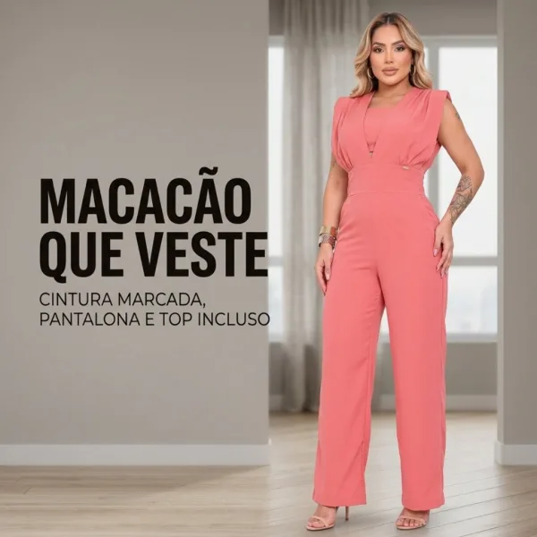 Macacão Feminino Longo com Cintura Marcada para Festa Macacão feminino longo com top, bolso e cintura marcada