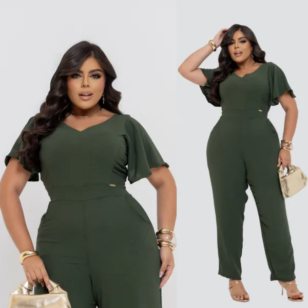 Macacão feminino plus size com manga para festas Macacão longo feminino plus size com manga e gola V