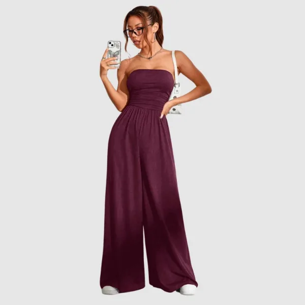 Macacão pantalona tomara que caia para looks femininos Macacão longo pantalona soltinho com tomara que caia franzido