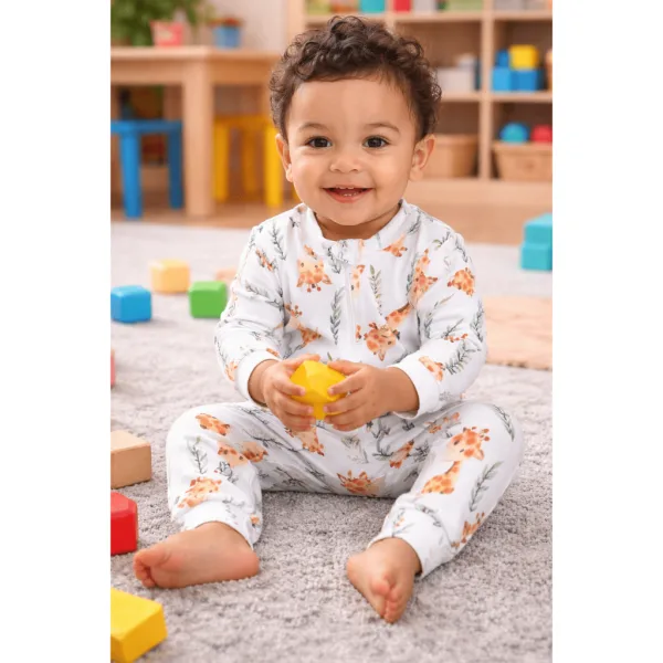 Macacão térmico infantil com estampa de girafa Macacão longo infantil térmico estampado com girafa e zíper