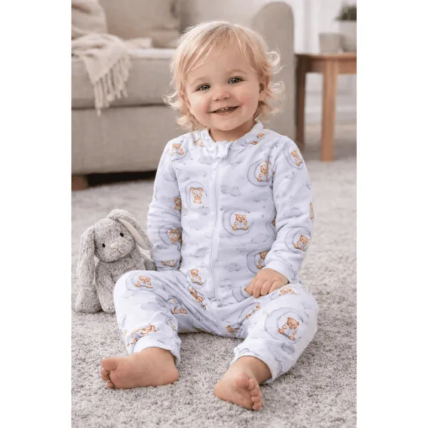 Macacão térmico infantil com estampa de ursinho Macacão longo infantil térmico com estampa de ursinho na lua