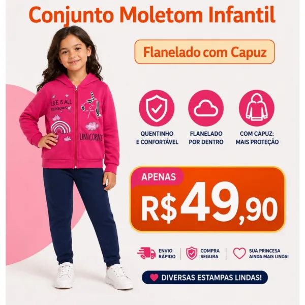 Moletom Infantil Feminino Flanelado com Capuz para Inverno Moletom infantil feminino conjunto flanelado com capuz para inverno