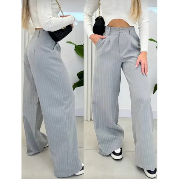 Pantalona Alfaiataria Feminina Listrada Wide Leg Pantalona feminina de alfaiataria listrada giz com cintura alta e bolso