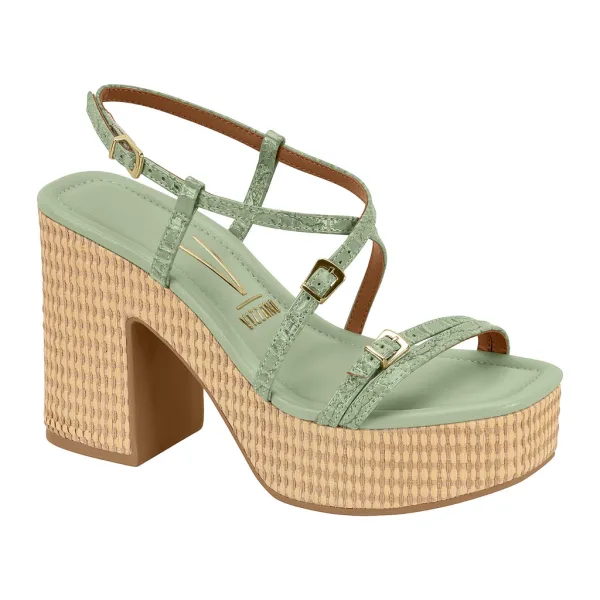 Sandália Vizzano de Salto Alto para Looks Femininos Sandália Vizzano de salto alto com meia pata, rafia e detalhe transpassado
