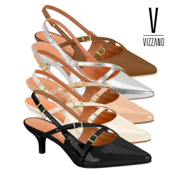 Scarpin feminino slingback de bico fino e salto baixo Scarpin feminino Vizzano slingback de bico fino, salto baixo, verniz e fivela