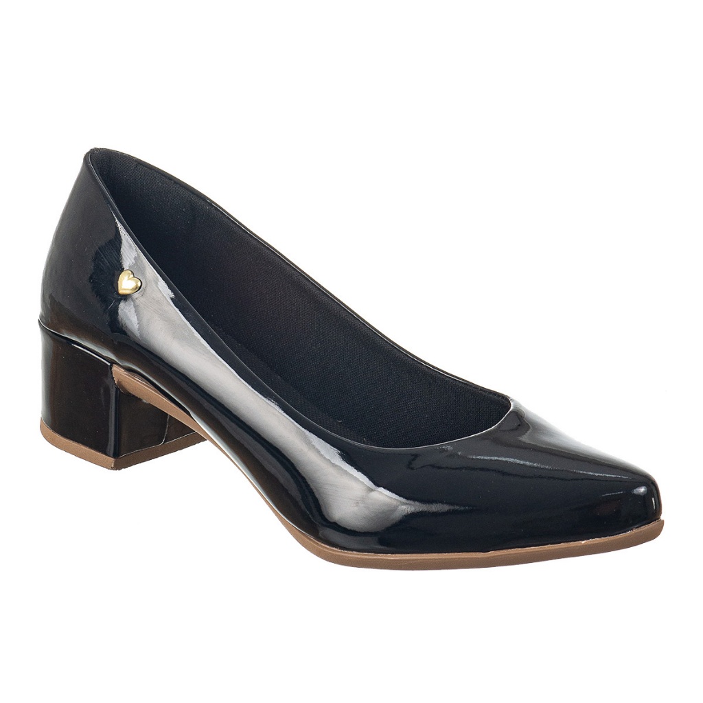 Scarpin Feminino Verniz com Bico Fino e Salto Grosso Scarpin feminino de verniz com bico fino e salto grosso