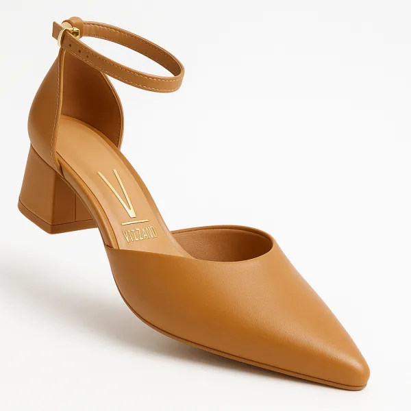 Scarpin Vizzano Caramelo com Salto Médio Bloco Scarpin feminino Vizzano caramelo com salto médio bloco e tornozeleira