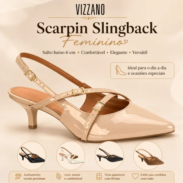 Scarpin Vizzano Slingback com Salto Baixo de 6 cm Scarpin feminino Vizzano slingback com salto baixo de 6 cm, bico fino e acabamento em verniz