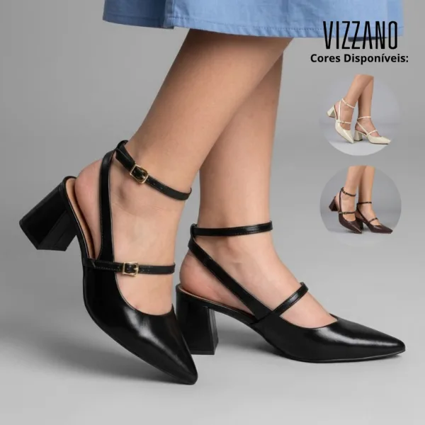 Scarpin Vizzano Slingback de Salto Bloco para Eventos Scarpin feminino Vizzano slingback com salto bloco e bico fino