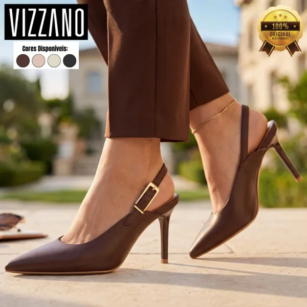 Scarpin Vizzano Slingback de Salto Fino para Looks Sociais Scarpin Vizzano slingback com salto fino de 9 cm e bico fino