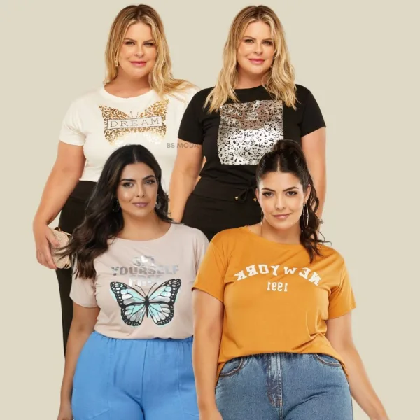 T-shirt Plus Size Feminina com 10 Estampas T-shirt feminina plus size com opções de estampas