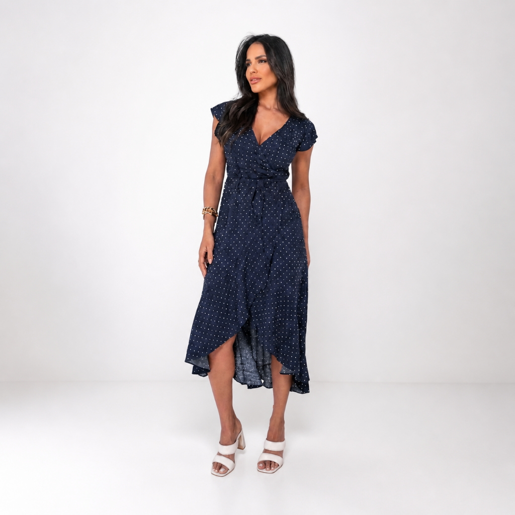 Vestido Envelope Midi Forrado com Cintura Regulável Vestido midi envelope transpassado com cintura regulável