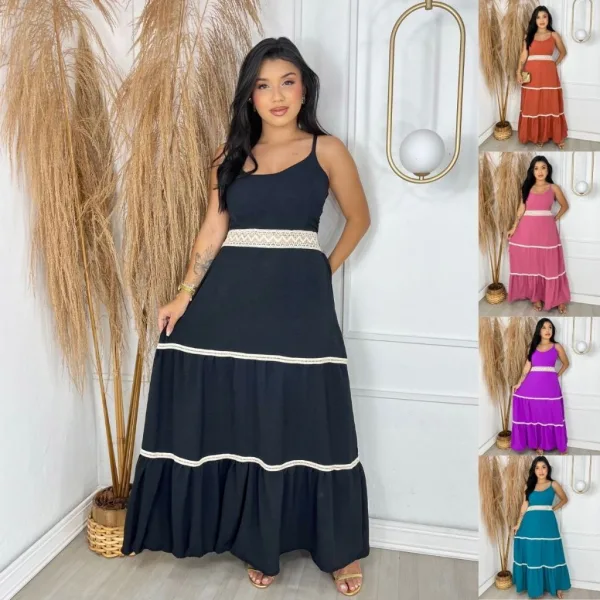 Vestido longo com renda para festas e ocasiões especiais Vestido longo feminino com alça e detalhe de renda
