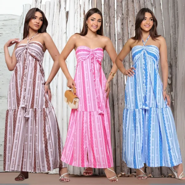 Vestido longo estampado para festas e casamentos Vestido longo feminino estampado com lastex nas costas