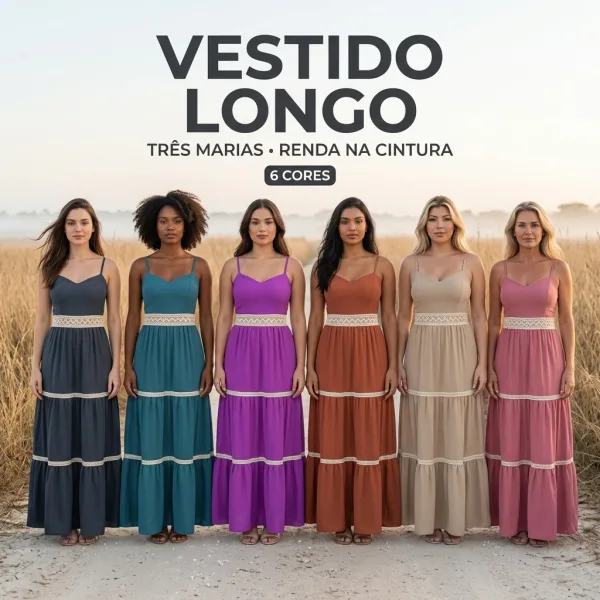 Vestido longo em marias com alça regulável para festas Vestido longo feminino com saia em marias e alça regulável
