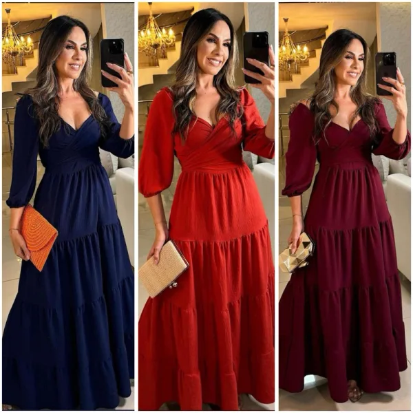 Vestido longo ombro a ombro para festas e casamentos Vestido longo feminino com manga 3/4 e decote ombro a ombro