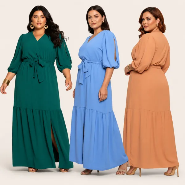 Vestido Longo Plus Size com Manga 3/4 para Festas Vestido longo plus size Duna com manga 3/4 e fenda