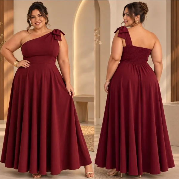 Vestido longo plus size de um ombro só para festa Vestido longo plus size feminino de um ombro só com laço delicado para festa