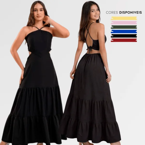 Vestido longo com recorte lateral para festas e casamentos Vestido longo feminino com recorte lateral e alças cruzadas