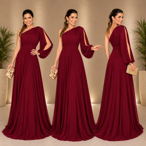 Vestido longo de um ombro só para madrinha e festas Vestido longo de festa com um ombro só e manga longa