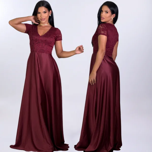Vestido marsala longo com renda para festas Vestido marsala longo com peito de renda e saia de crepe acetinado