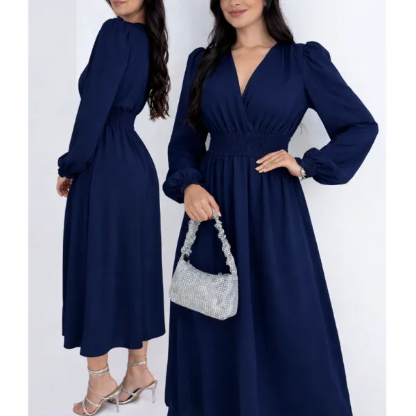 Vestido Midi Azul com Manga Longa e Lastex Elegante Vestido midi azul de manga longa com cintura e punho em lastex
