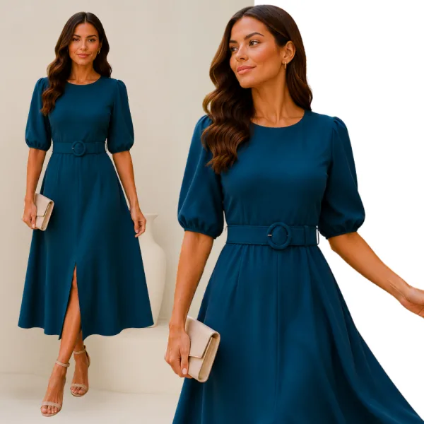 Vestido Midi para Casamento Civil com Manga e Cinto Vestido midi branco para noiva com manga e cinto forrado