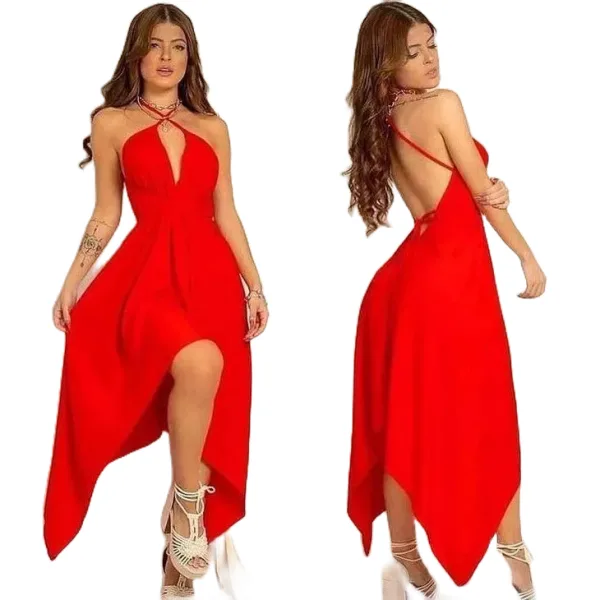 Vestido Midi Envelope com Amarrações e Alcinha Vestido feminino midi envelope com alcinha, modelagem soltinha, costa nua e várias amarrações